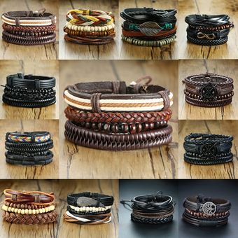 Conjunto de pulseras de cuero trenzado para hombre y mujer,set de 4 unidades,cuentas de madera Vintage,muñequera étnica Tribal,timón（BL-551） 