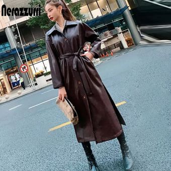 abrigo de manga larg Nerazzurri-gabardina larga de cuero para mujer 