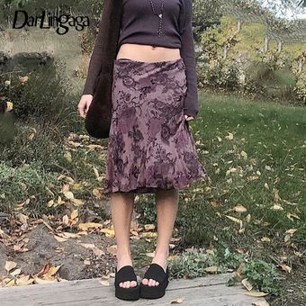 falda con estam Darlingaga-Falda Vintage de cintura baja para mujer 