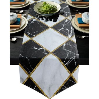 negro Camino de mesa con textura de mármol blanco líneas cuadradas 