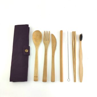 utensilios portátiles de madera para exteriores con cepillo de dientes ecológico juego de cubiertos de Bambú WAN Juego de cubiertos de viaje de bambú 1254 