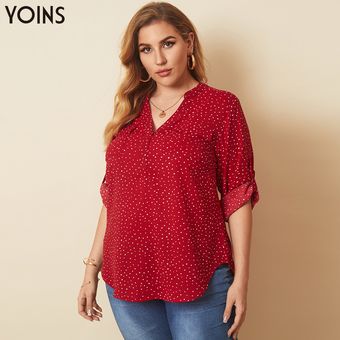 Rojo YOINS más el tamaño V-cuello del lunar de la blusa de manga larga 