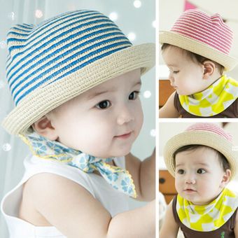 Sombrero de paja para bebé,decoración de orejas de gato pa 