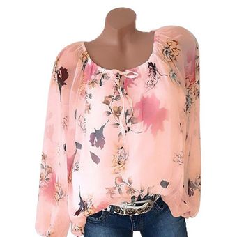 Camisa de gasa impresa de un cuello para mujer Top Floral Encaje-up Casual adulto Top 