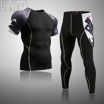Conjunto de para hombre traje deportivo chándal mallas para correr camisas de manga corta entrenamiento kit rashgard, Fitness 