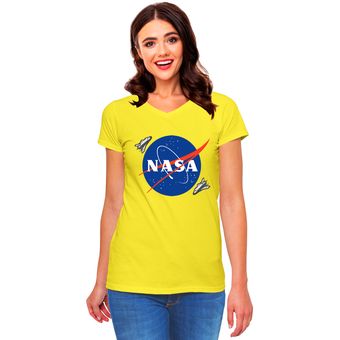 Camiseta mujer nasa azul algod n mc amarillo estampado by ADNCAMISETAS