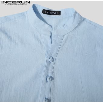 Azul claro INCERUN hombres ocio Retro estilo chino puro algodón Color sólido cómodo cuello alto Casual verano camiseta 