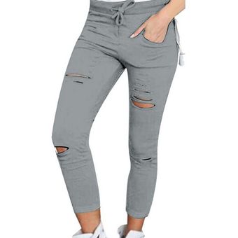 Pantalones Slim Para Mujer Con Verdugon De Tela Algodon Gris