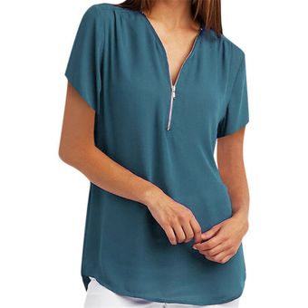 Camiseta de manga corta holgada con cremallera y cuello en V de verano para mujer Azul 