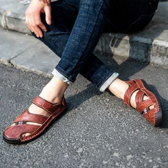 Verano Nuevo Cuero Tamaño grande Sandalias para hombre Zapatos de viaje al aire libre Senderismo Calzado Marrón 