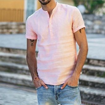 #Pink Camisas de lino de manga corta para hombres,vestido suelto ma 