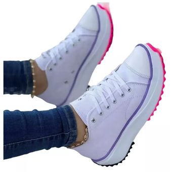 Tenis Lona Suela Alta Plataforma Dama Zapato Tela color blanco