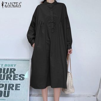 ZANZEA Mujeres O Cuello de la manga completa Camisa de vestir casual botón Abajo vestidos largos Midi Negro 