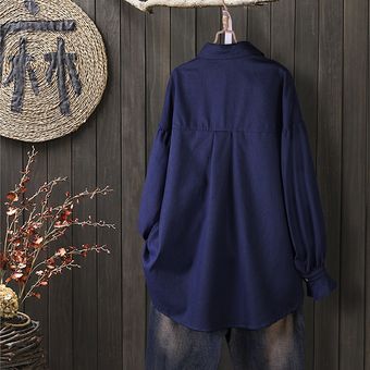ZANZEA la venta de separación Mujeres camiseta de manga larga con cuello camisa del dril floral Embroidere superior ocasional flojo de la blusa Azul oscuro 