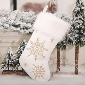 Calcetines de Navidad Copo de nieve Bordado Blanco Lleve de felpa corta Decoraciones de Navidad 