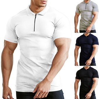 Camiseta de Polo deportiva con cremallera solapa ajustado de musculoso para hombre 