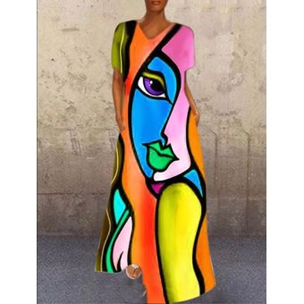 #Face Green Europeo abstracto vestido Oversize de las mujeres casuales dibujo de cara impresión Patchwork verano cuello V Vintage largo Maxi vestido Vestidos 