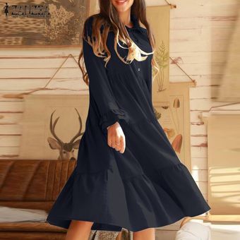 ZANZEA ocasional de las mujeres con gradas Una línea de la llamarada oscilación de vestir de manga larga camisa de vestir de Maxi Negro ZANZEA ocasional de las mujeres con gradas Una línea de la llamarada oscilación de vestir de manga larga camisa de vestir de Maxi Negro