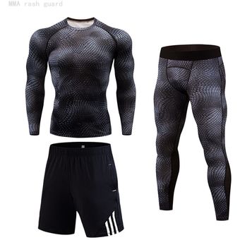 hombres de Tight 3 unidset de ropa deportiva camiseta de artes marciales mixtas gimnasio polainas deportes pantalones cortos de chándal de los hombres jogging deporte #Black gray 