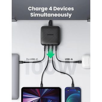 Cargador de escritorio de 100W 4 puertos de carga rápida 3 USB-C/1 USB-A  Ugreen