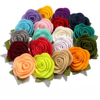 10 Uds 5CM fieltro tela no tejida flor con hojas de color verde para la diadema Rosa enrollada flores del pelo para accesorios de ropa 