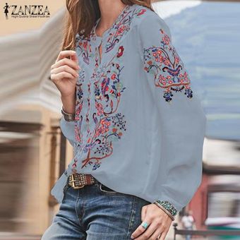 ZANZEA para mujer floral de manga larga del botón camisas de las señoras flojas ocasionales remata las blusas más del tamaño Azul 