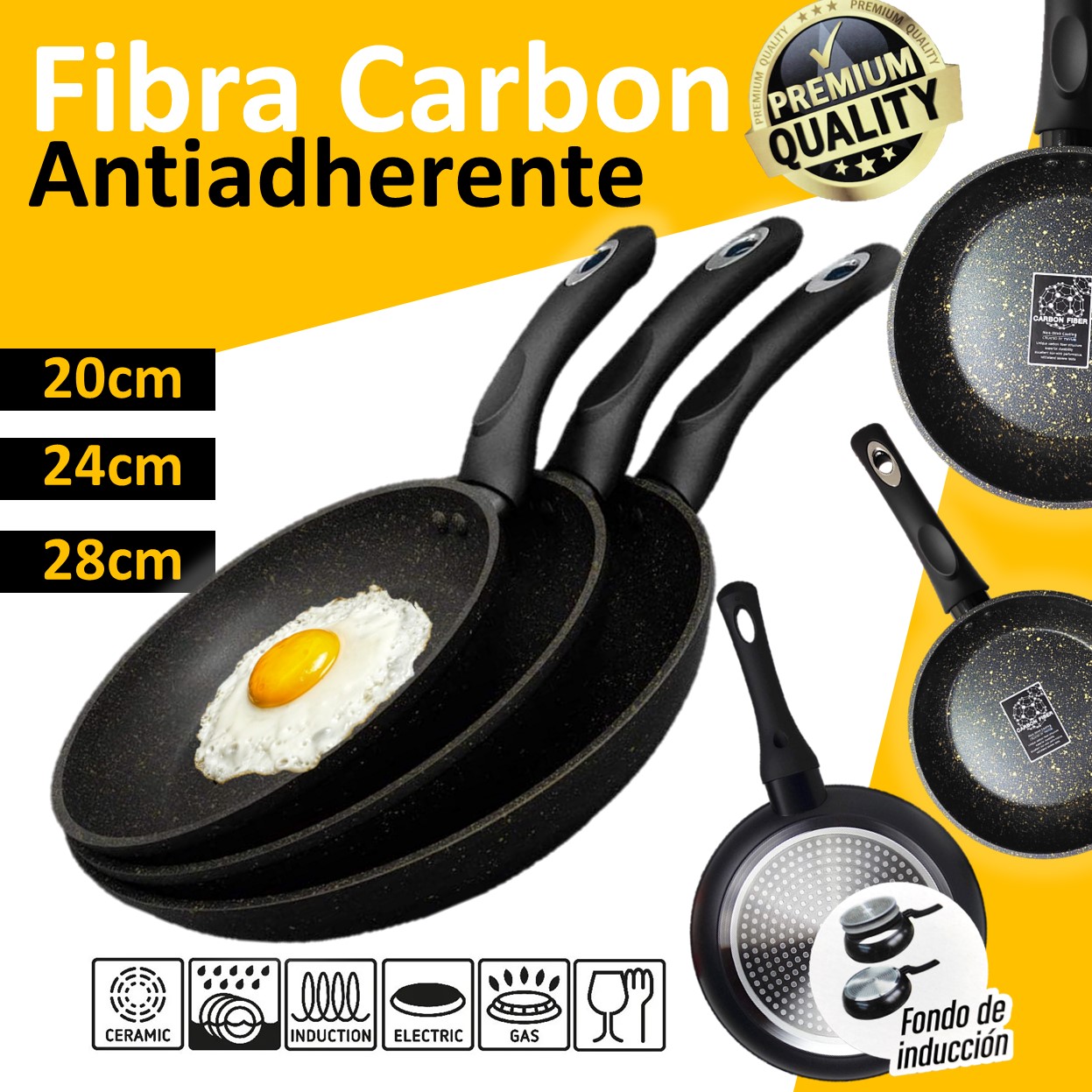 Juego Sartenes Antiadherente 3pz Fibra De Carbon 20 24 28cm