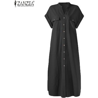 Negro ZANZEA vestido de las mujeres de manga corta holgada del cuello alto bolsillos Vestido de tirantes Casual Tamaño 