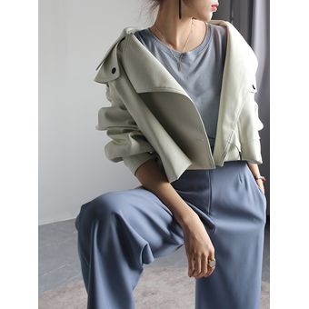 Chaqueta holgada de piel sintética para mujer abrigo corto negro co 