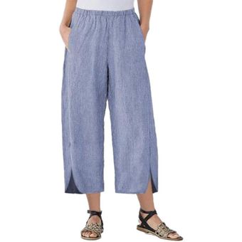 Pantalón capri de la cintura elástico de la pierna ancha de verano casual para mujer Azul 
