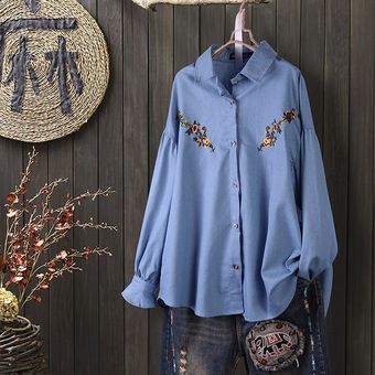 Azul oscuro ZANZEA la venta de separación Mujeres camiseta de manga larga con cuello camisa del dril floral Embroidere superior ocasional flojo de la blusa 