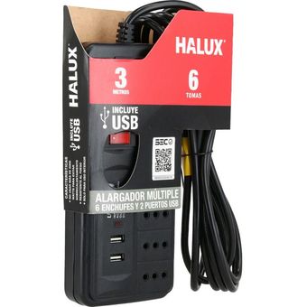 Alargador múltiple con 2 puertos USB 6 tomas 3 m negro Halux 
