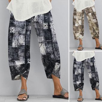 Marrón Pantalones ZANZEA mujeres de la vendimia larga geométrica Impreso bolsillos de los pantalones hasta el tobillo 