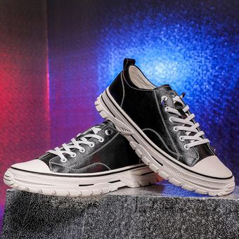 Zapatos casuales con cordones bajos para hombre Zapatillas de deporte casuales de cuero de alta calidad Negro 