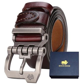 Bison-Cinturón De Piel De Vaca Para Hombre Correa De Cuero Genuino Con Personalidad Hebilla De Calidad Marrón Vintage N71223 