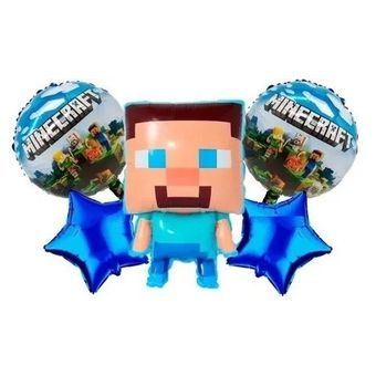 Bouquet Globo Minecraft Pixel Steve Estrellas Azul 5 Piezas