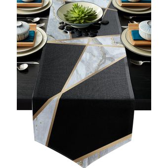 negro Camino de mesa con textura de mármol blanco líneas cuadradas 