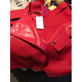 FMFSSOM-Chaqueta de cuero sintético para mujer abrigo rojo de motoc 