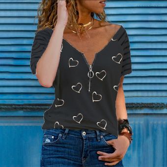 Camiseta para mujer de verano Corazón a rayas Impreso de manga corta con cremallera en V 