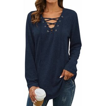 Pullover Tops para mujer Lace Up Long Manga V Cuello Criss Cross Bandage Blusa 