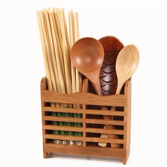 Cubiertos Cubiertos de bambú titular cubiertos cuchara Espátula de almacenamiento utensilios rack-Brown 
