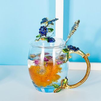 Copa juego de vasos capa de flor regalo a casa sola actividad taza de té-Blue Rosecarton with spoon and lid 290ml｝ 