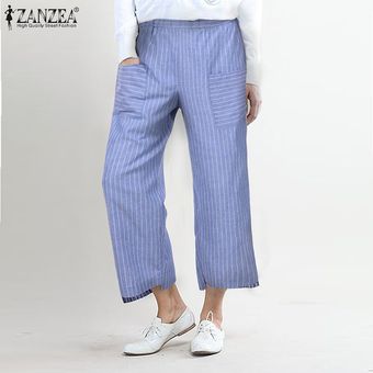 Azul ZANZEA vendimia de las mujeres largas de la raya de los pantalones ocasionales elásticos de la cintura de los pantalones flojos del Harem 