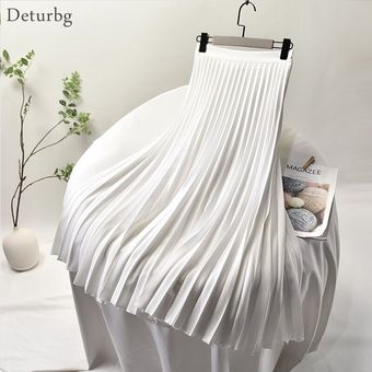 #White Elegante Falda plisada de sarga para mujer,con forro de gasa,cintura alta,cremallera lateral,faldas largas blancas,primavera SK521 