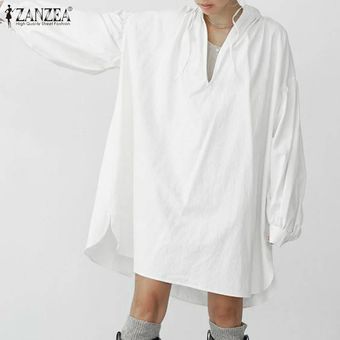 Blanco ZANZEA estilo coreano de manga larga para mujer de la túnica Vestido de tirantes altas-bajas de los vestidos de camisa holgada sólidas 