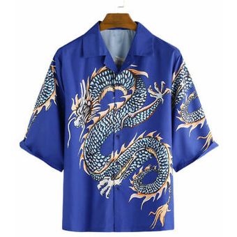 Camisa hawaiana de manga corta con estampado de dragón casual de verano unisex Rojo 
