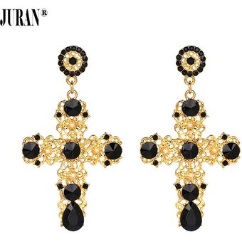 Pendientes Femeninos De Caída Cruzada De Cristal Negro Retro 
