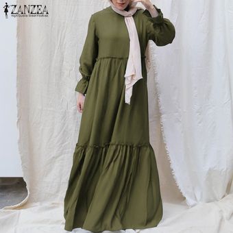 Amarillo ZANZEA Mujeres Musulmanas Kaftan colmenas de cuello redondo sólido cuerpo entero Maxi Camisa de vestir 