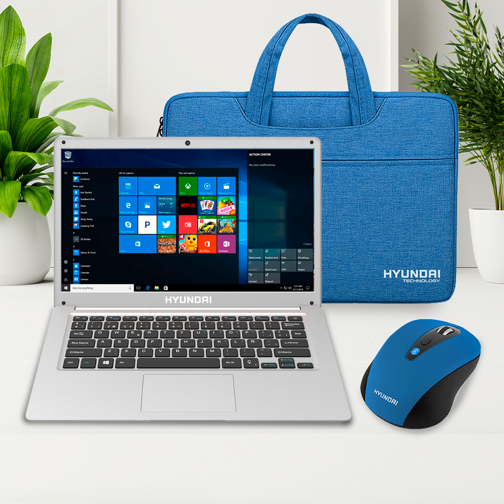 Combo Laptop Hyundai 14Intel Celeron Plata+Mouse inalámbrico Azul+Maletín Azul