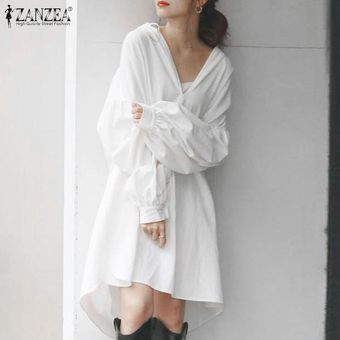Blanco ZANZEA estilo coreano de manga larga para mujer de la túnica Vestido de tirantes altas-bajas de los vestidos de camisa holgada sólidas 